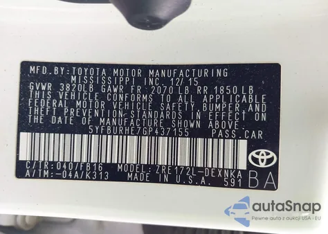 2016 Toyota Corolla Le z USA, uszkodzony, nr VIN 5YFBURHE7GP437155